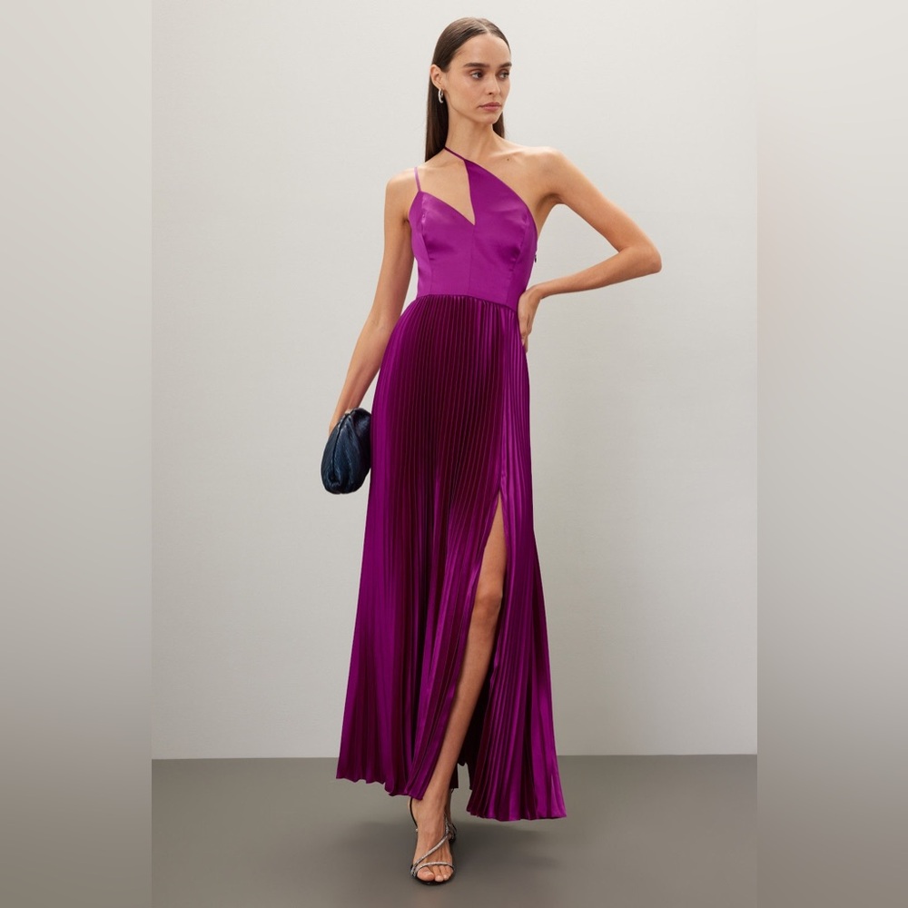 Amur Khari magenta pink purple one shoulder maxi pleated gown dress size 8